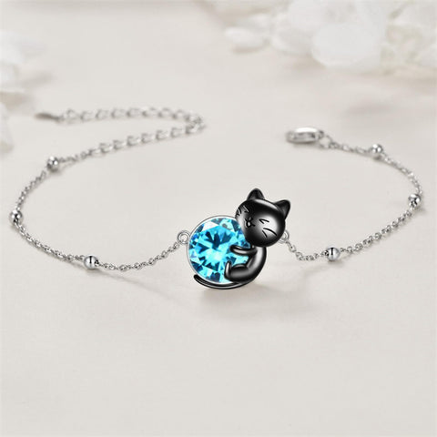 Sterling Silver Cat Birthstone Single Layer Anklet