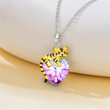 Sterling Silver  Heart Shaped Crystal Tiger Pendant Necklace