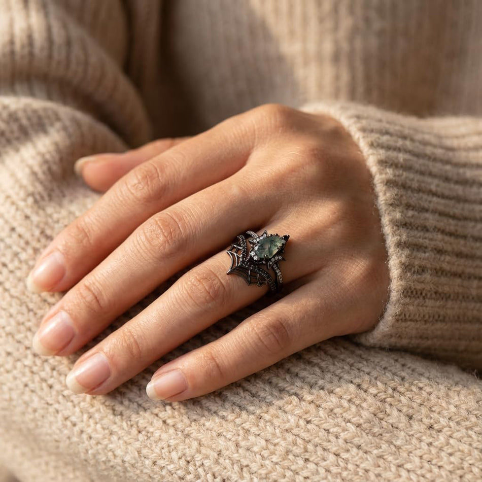 Sterling Silver 10K 14K  18K Gold Personalized Engraved Moss Agate Gothic Promise Wedding Engagement Black Ring Set