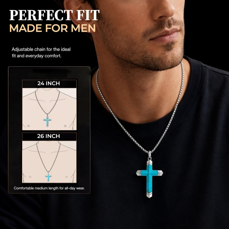 14K Gold Plated Turquoise Lapis Lazuli Cross Necklace for Men with Adjustable Chain