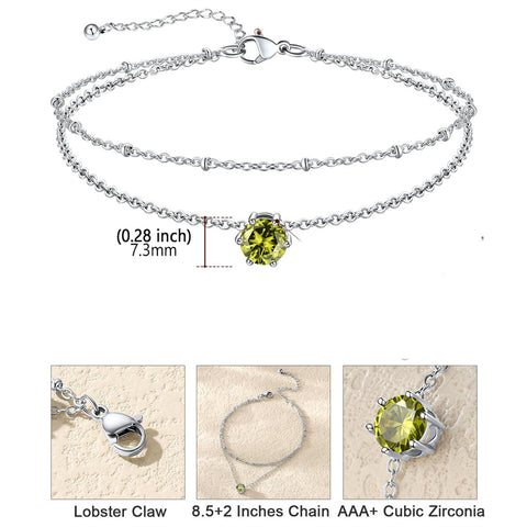 Sterling Silver  Round Birthstone Double Layer Charm Anklet