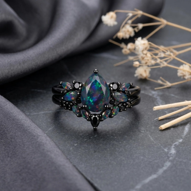 Sterling Silver 10K  14K  18K  Gold Personalized Engraved Black Opal Engagement Wedding Promise Ring for Her