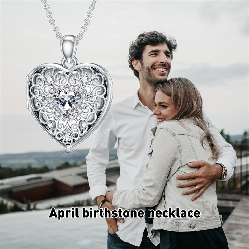 Sterling Silver Heart Crystal Personalized Picture Heart Locket Pendant Necklace