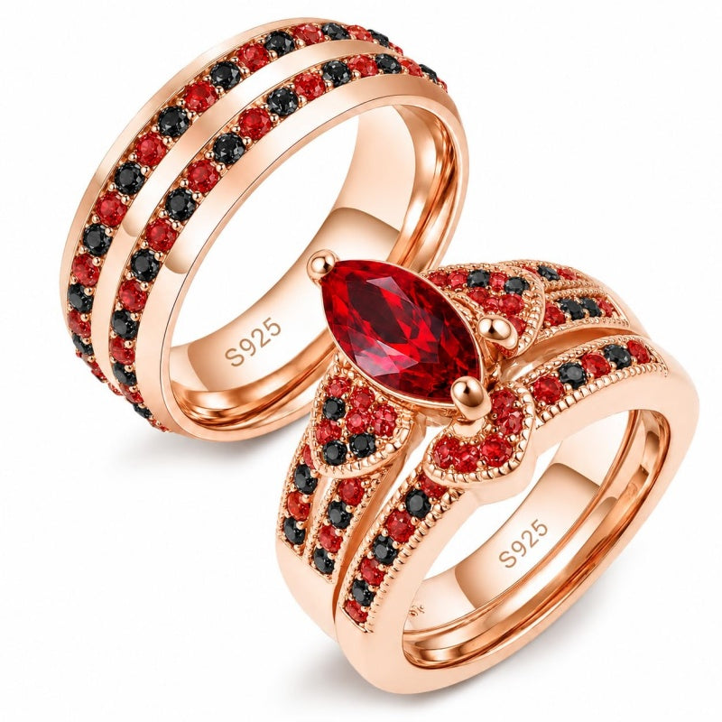 Sterling Silver 10K 14K 18K Gold Personalized Engraved  Halloween Dark Red Gemstone Couple Ring Set