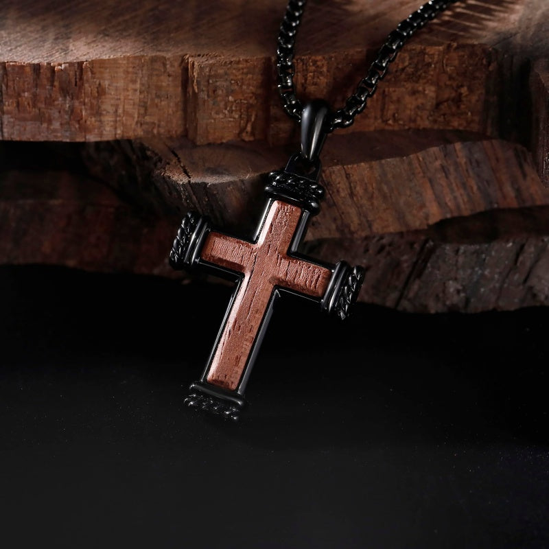 14K Gold Plated Wooden Abalone Shell Cross Pendant Necklacefor Men