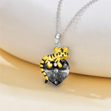 Sterling Silver  Heart Shaped Crystal Tiger Pendant Necklace