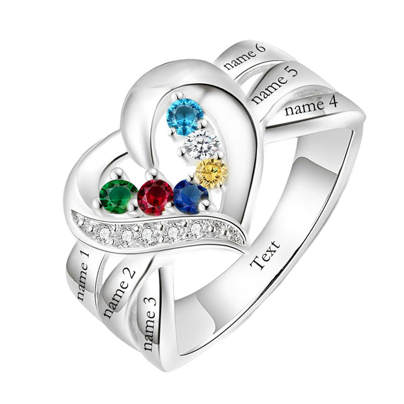 10K 14K 18K Gold Personalized 1-6 Stones Engraved Heart Mother Ring for Mother's Day
