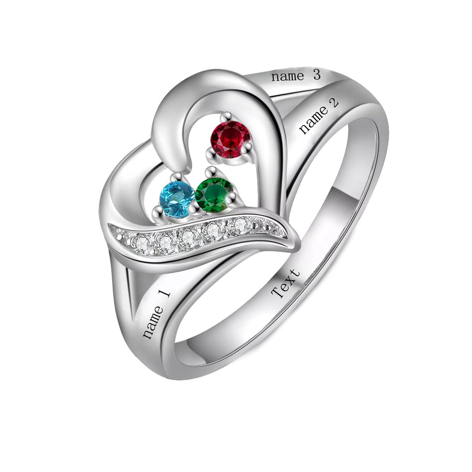 10K 14K 18K Gold Personalized 1-6 Stones Engraved Heart Mother Ring for Mother's Day