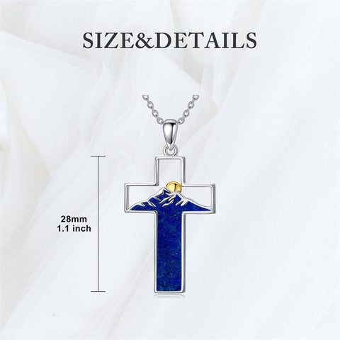 Sterling Silver Lapis Lazuli Abalone Shell Cross Mountains Necklace