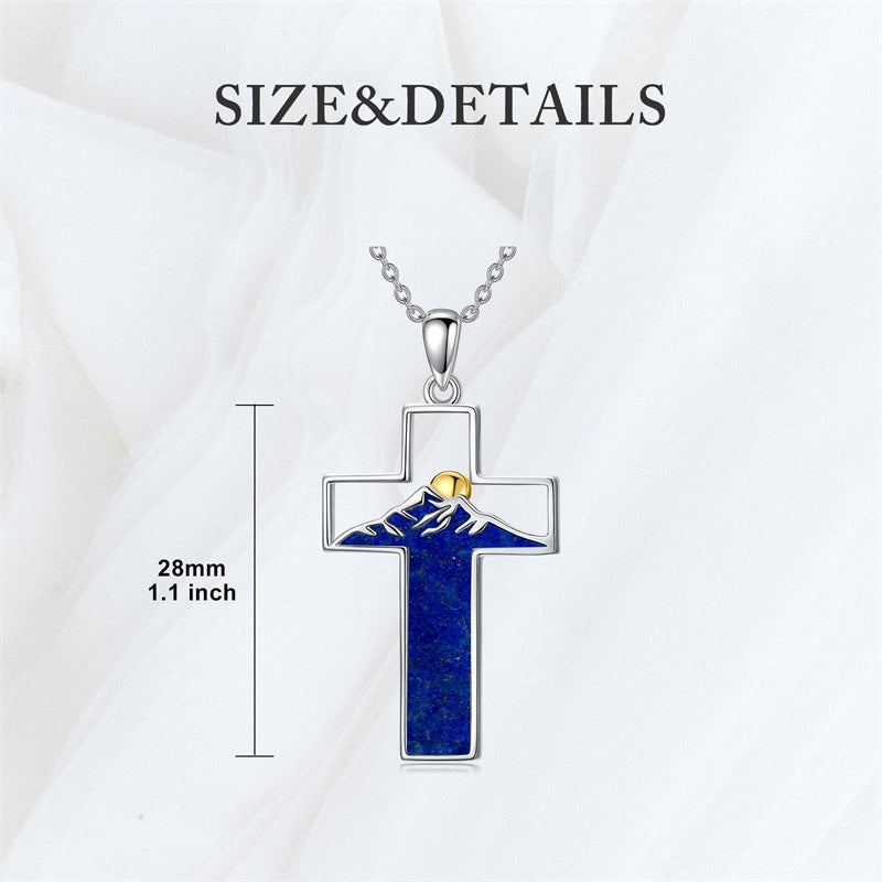 Sterling Silver Lapis Lazuli Abalone Shell Cross Mountains Necklace