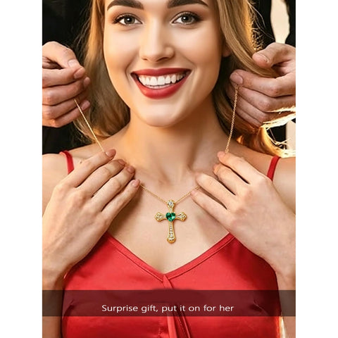 14K Gold Plated Heart Cut Cubic Zirconia Cross  Pendant Necklace For Women Religious Faith Jewelry
