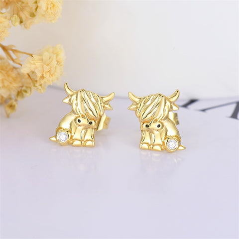 14K Gold Highland Cow Heart Stud Earrings