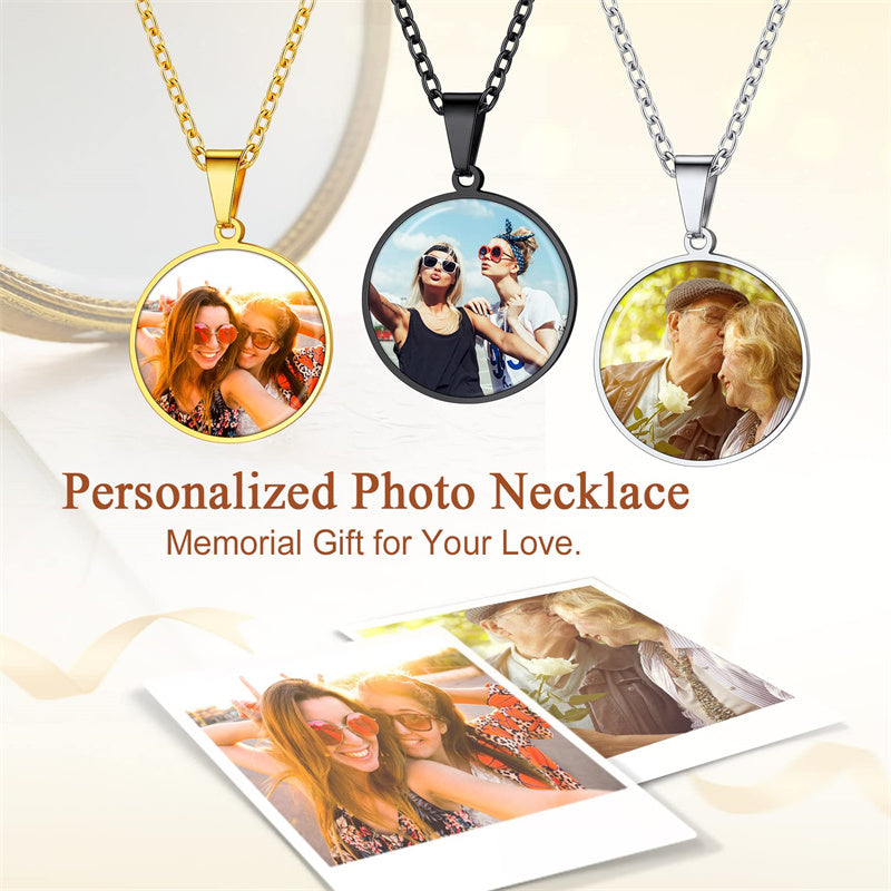 Stainless Steel Round Customized Engraved  Photo Pendant Necklace