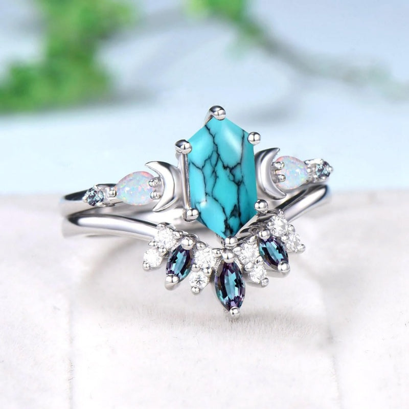 Sterling Silver 10K 14K 18K Gold Turquoise Engagement  Wedding Ring Set for Women