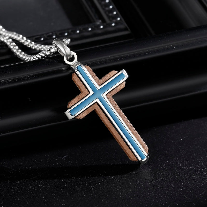 14K Gold Plated Wooden Abalone Shell Cross Pendant Necklacefor Men