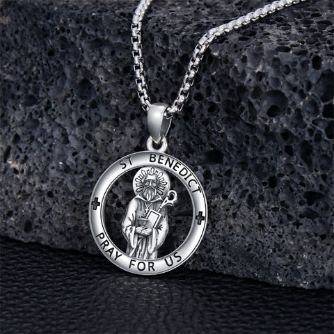 Sterling Silver Crown of Thorns Jesus St Benedict St Michael Pendant Necklace
