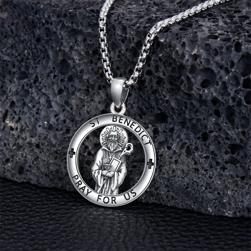 Sterling Silver Crown of Thorns Jesus St Benedict St Michael Pendant Necklace