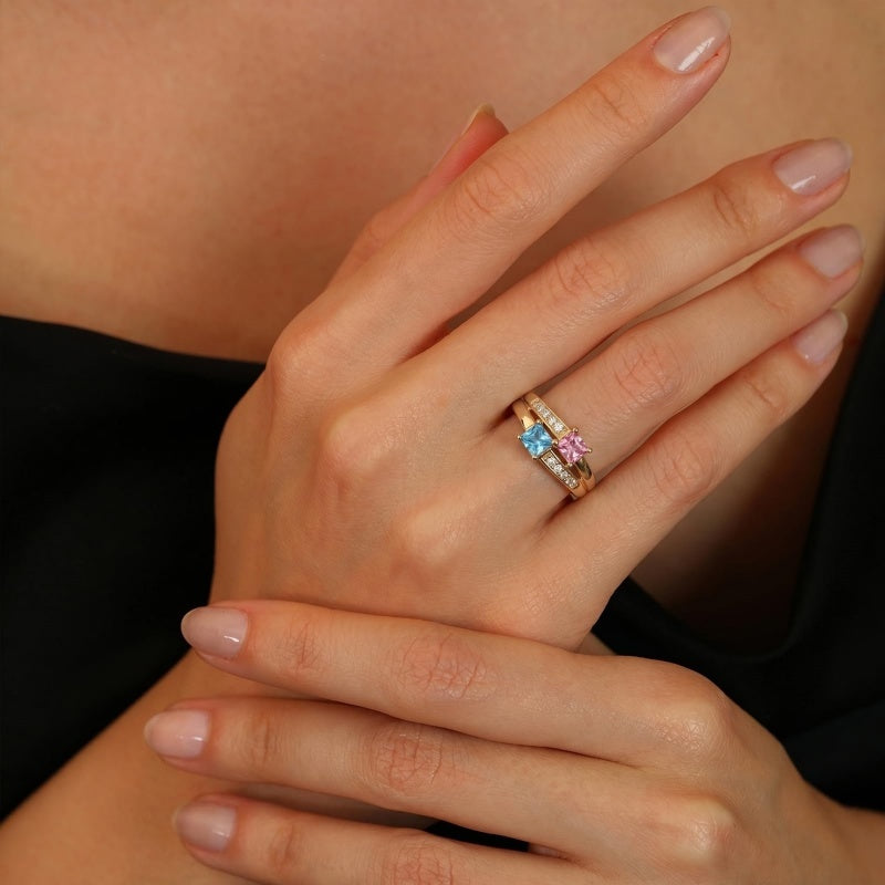 10K 14K 18K Gold Square Shaped Personalized 1-5 Birthstone  Family Mother's Ring Anniversary Ring for Women
