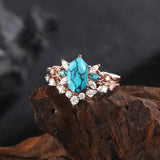 Sterling Silver 10K 14K 18K Gold Turquoise Engagement  Wedding Ring Set for Women