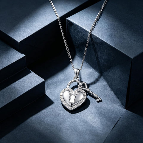 Sterling Silver Key Padlock Heart Key Lock Pendant Love Necklace Jewelry for Women Valentine's Day Birthday Gift