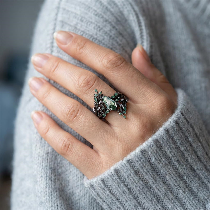 Sterling Silver 10K 14K  18K Gold Personalized Engraved Moss Agate Gothic Promise Wedding Engagement Black Ring Set