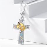 925 Sterling Silver Bee Cross & Sunflower Pendant Necklace  with Opal