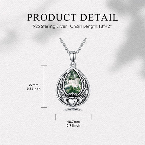 Sterling Silver Moss Agate Celtic Knot Rose Claddagh Filigree Pendant Necklace