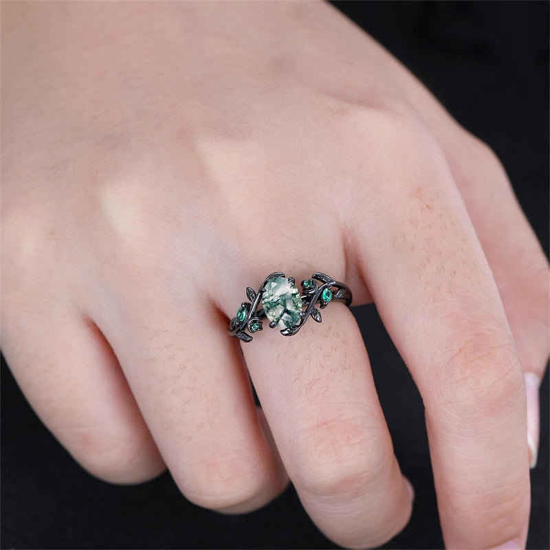 Sterling Silver 10K 14K 18K Gold Natural Leaf  Moss Agate Engagement Anniversary Couple Ring Sets