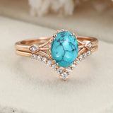 Sterling Silver 10K 14K 18K Gold Turquoise Engagement  Wedding Ring Set for Women