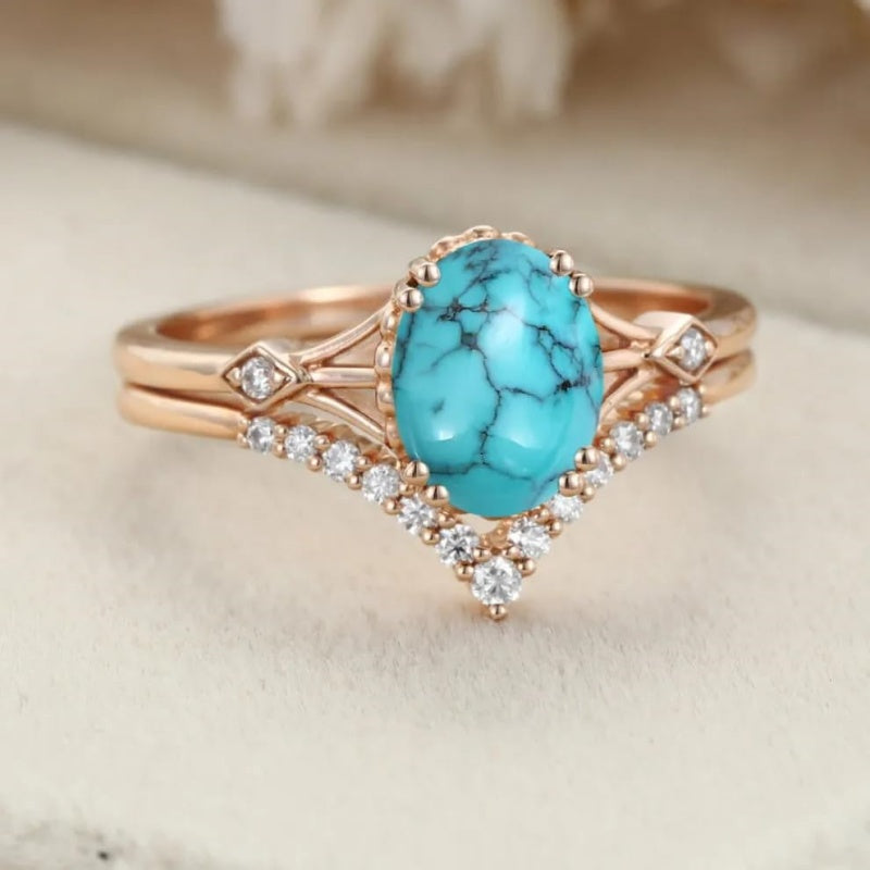 Sterling Silver 10K 14K 18K Gold Turquoise Engagement  Wedding Ring Set for Women