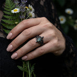 Sterling Silver 10K 14K  18K Gold Personalized Engraved Moss Agate Gothic Promise Wedding Engagement Black Ring Set