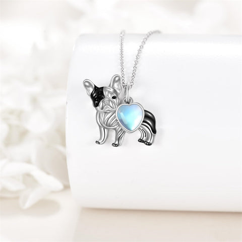 Sterling Silver Moonstone French Bulldog Yorkie Dog Pendant Necklace