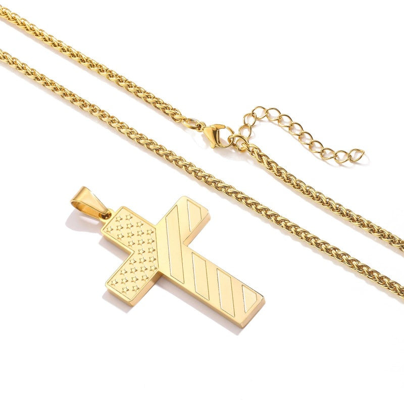 14K Gold Plated Personalized Engraved American Flag Cross Pendant Necklace