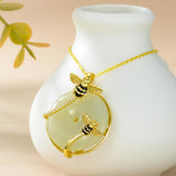 14K Gold Plated Natural Jade Hummingbird Cat Dragonfly Butterfly Bee Pendant Necklace for Women