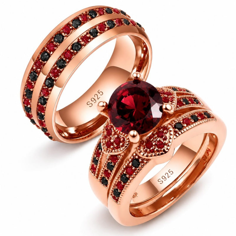 Sterling Silver 10K 14K 18K Gold Personalized Engraved  Halloween Dark Red Gemstone Couple Ring Set