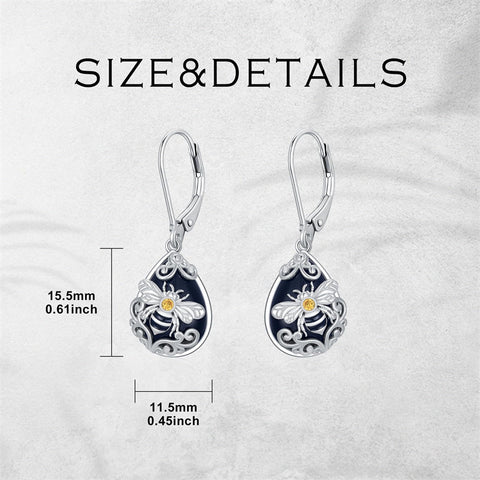 Sterling Silver Filigree Black Onyx  Bee Hummingbird Leverback Earrings