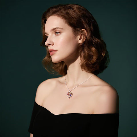 Sterling Silver Heart Birthstone Couple Hugging Necklace for Women Valentine's Day Gift