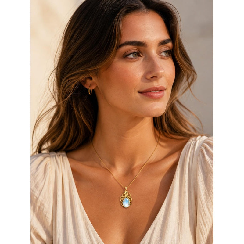 14K Gold Plated Moonstone Octopus Sea Turtle Conch Shell Starfish Seashell Ocean Necklace for Women