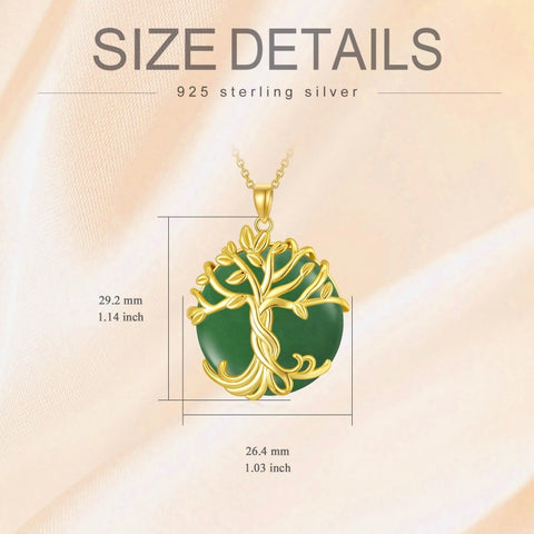 14k Gold Plated Sterling Silver Round Jade Tree of Life Necklace Good Fortune Jewelry for Women