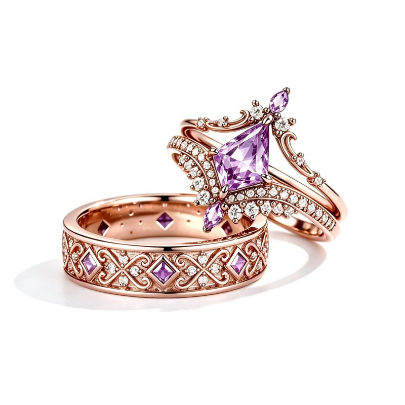 Sterling Silver 10K 14K 18K Gold Purple Gemstone Amethyst  Rings Set Couple Promise Rings Wedding Anniversary Rings
