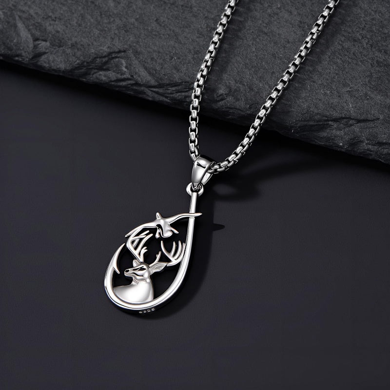 Sterling Silver Deer Bass Fish Wild Duck Fish Hook Pendant Necklace Hunting Jewelry Gifts for Men