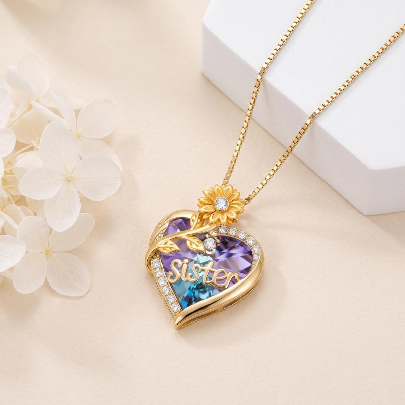 14K Gold Plated Heart Crystal Rose Mom  Sister Daughter Pendant Necklace for Woman