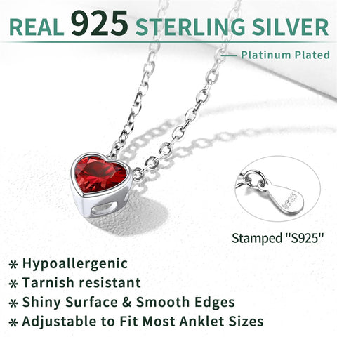 Sterling Silver Simple Dainty Round Heart Birthstone Single Layer Charm Anklet