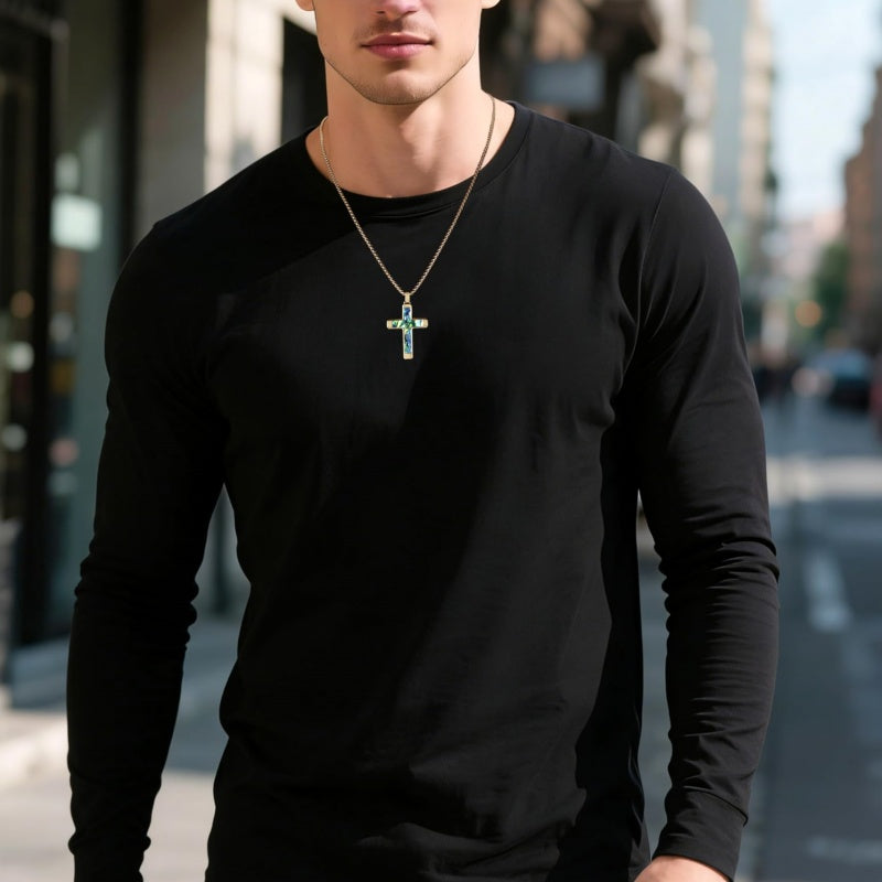 14K Gold Plated Wooden Abalone Shell Cross Pendant Necklacefor Men