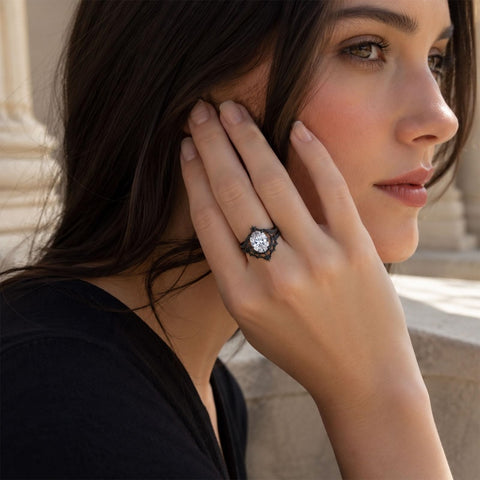 Sterling Silver 10K 14K 18K Gold Moissanite Gothic Black  Engagement Wedding Ring  for Women