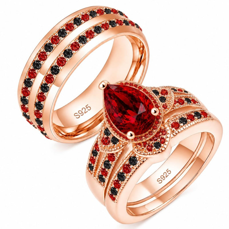 Sterling Silver 10K 14K 18K Gold Personalized Engraved  Halloween Dark Red Gemstone Couple Ring Set