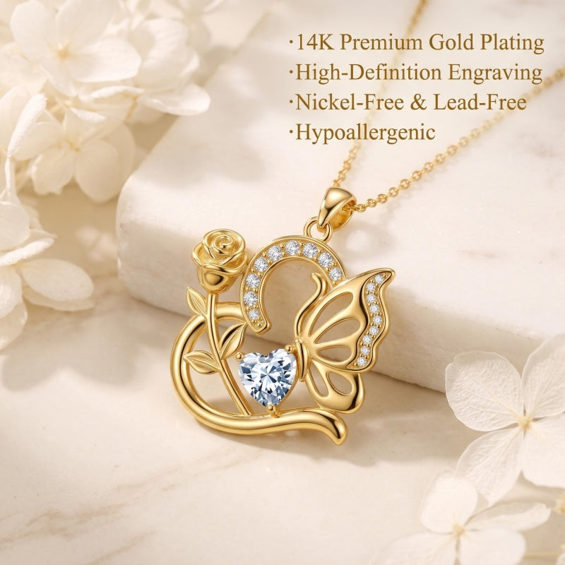 14K Gold Plated Heart Birthstone Rose Mom Butterfly Pendant Necklace for Women