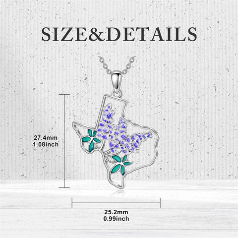 Sterling Silver Hometown Bluebonnets &Texas State Map Flag Pendant Necklace