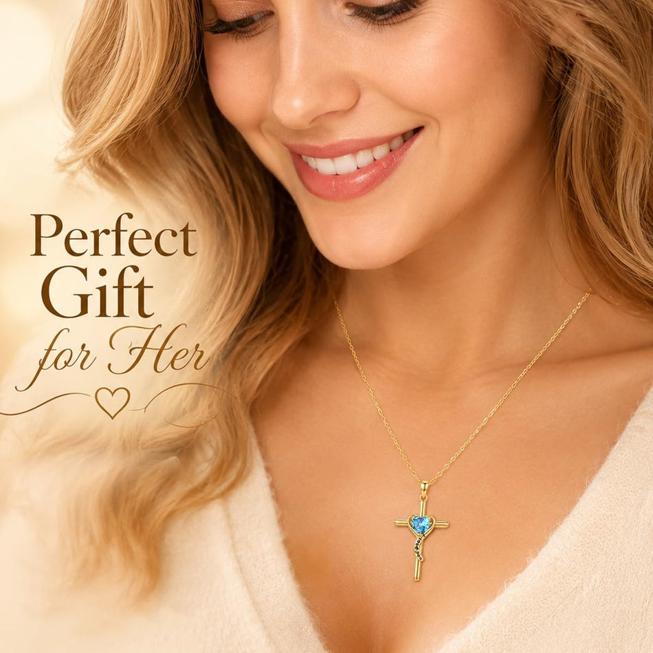 14K Gold Plated Dainty Heart Birthstone Pendant Cross Necklace for Women Religious Gift