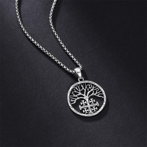Sterling Silver Jerusalem Tree of Life Cross Religious Pendant Necklace
